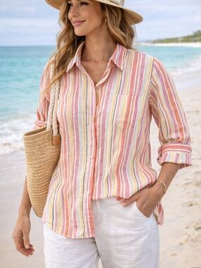 Chico’s 100% Linen Striped Button Down Shirt Pink Orange Lightweight Top Size 1